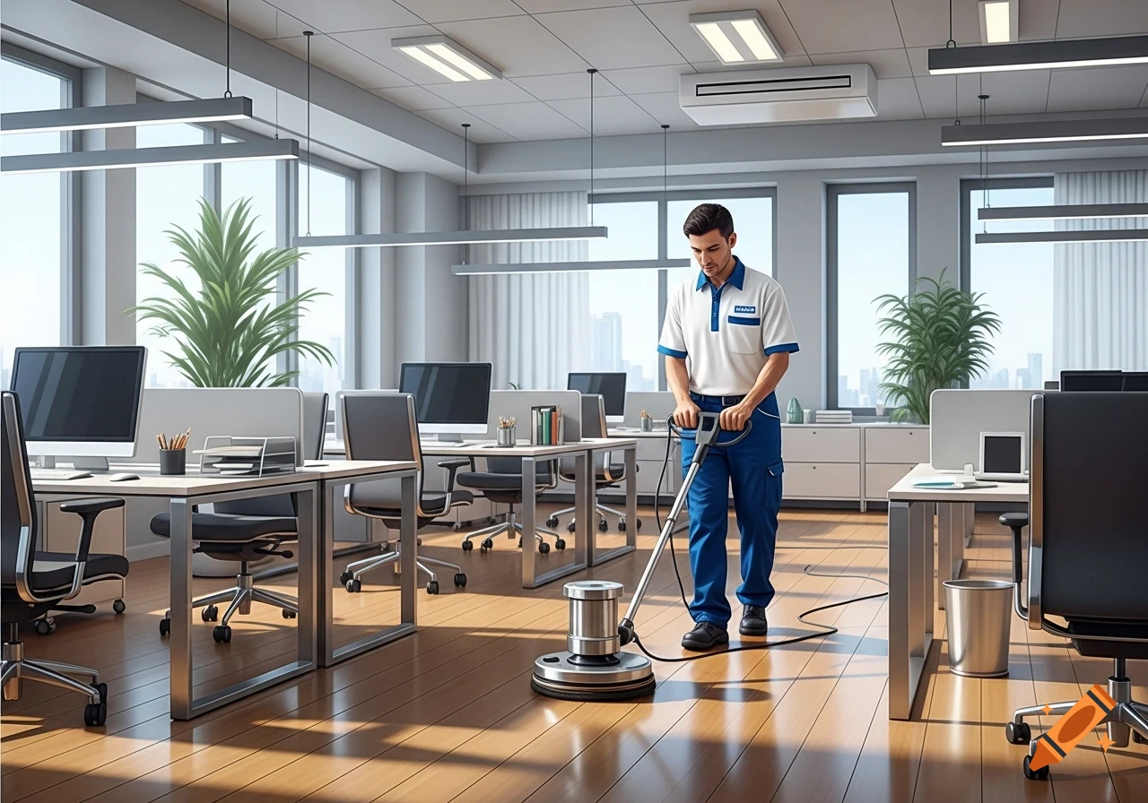 A man in a blue and white cleaning uniform polishes a wooden floor with a machine in a modern office.