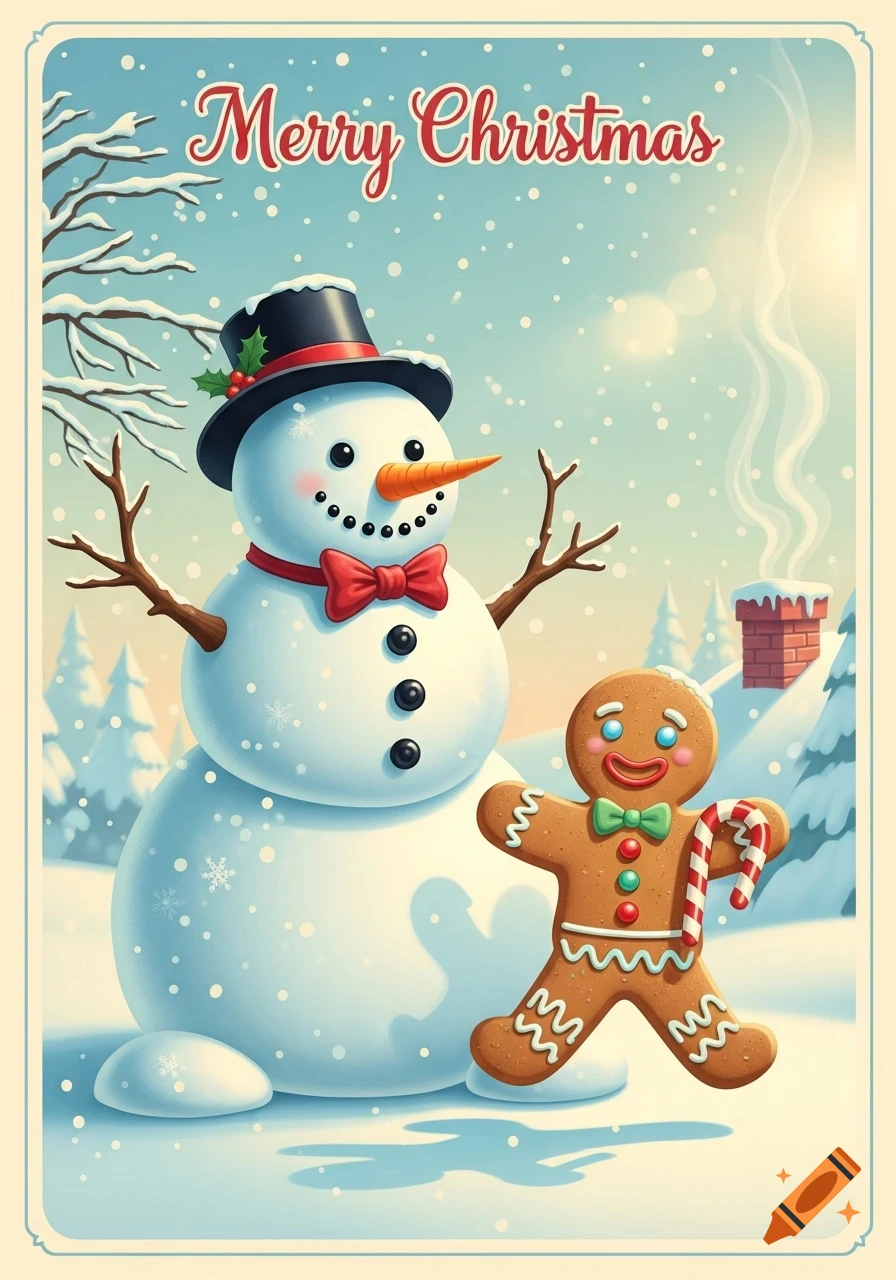 Retro poster style illustration of a smiling snowman and gingerbread man with a candy cane in a snowy scene, saying "Merry Christmas".