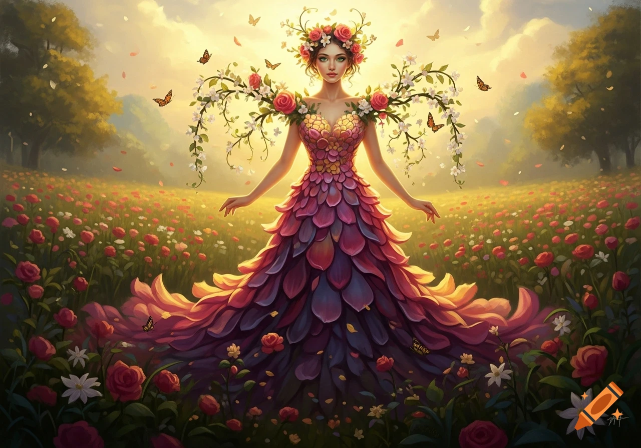 A flower goddess with a petal dress and floral crown stands in a vibrant field of roses under a glowing sky with butterflies.