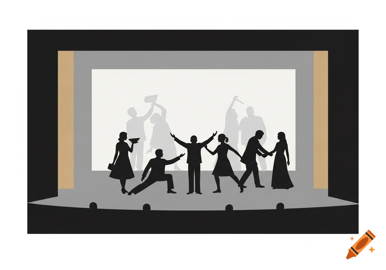 A minimalist illustration of a theater stage with black and gray silhouettes of performers, set against a light background.