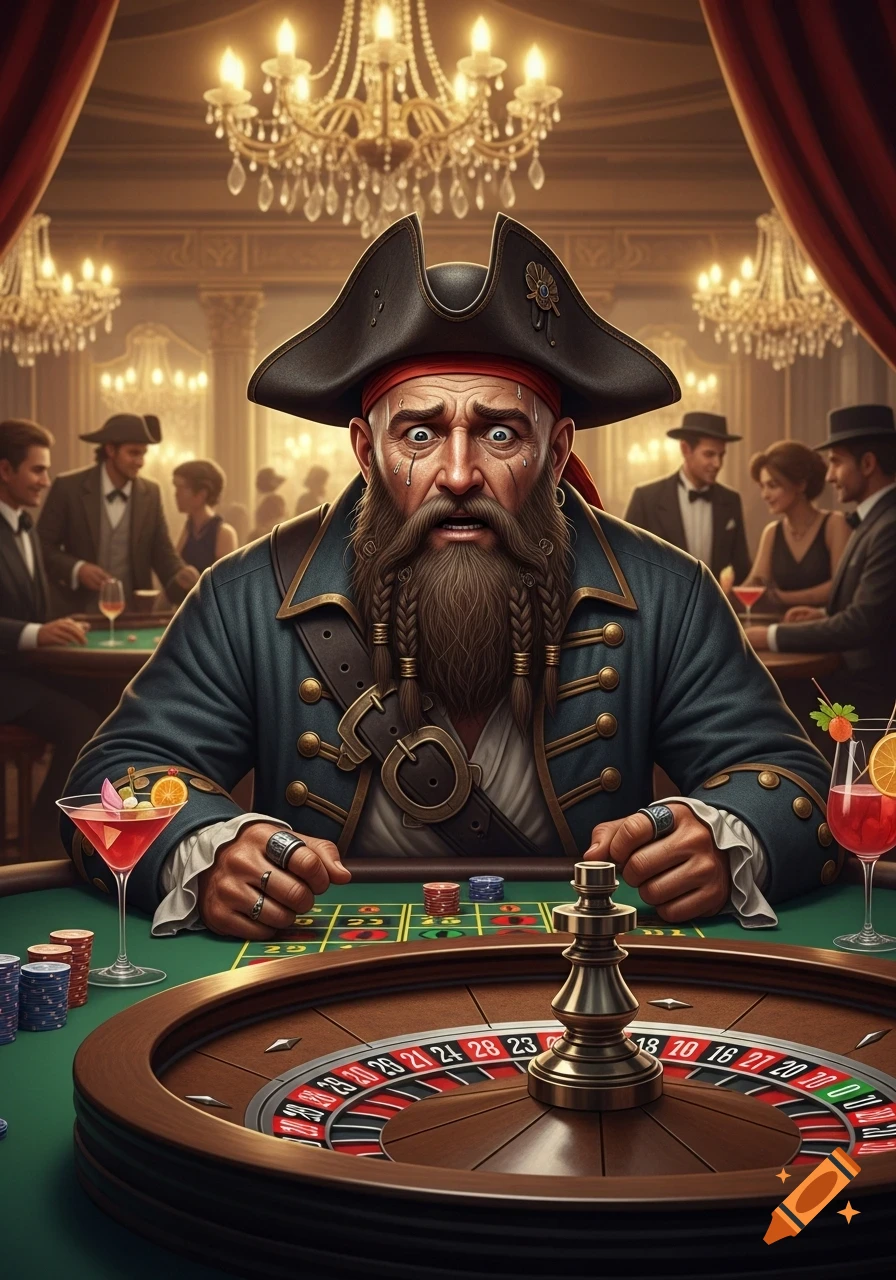 A detailed illustration of a distraught pirate captain in a grand casino, sitting at a roulette table after losing a wager.