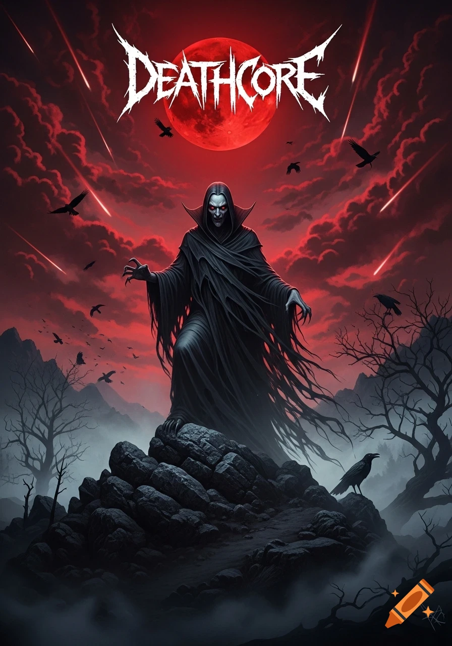 A menacing cloaked vampire with red eyes on rocks under a blood-red sky with a red moon, meteors, and ravens. 'DEATHCORE' text.
