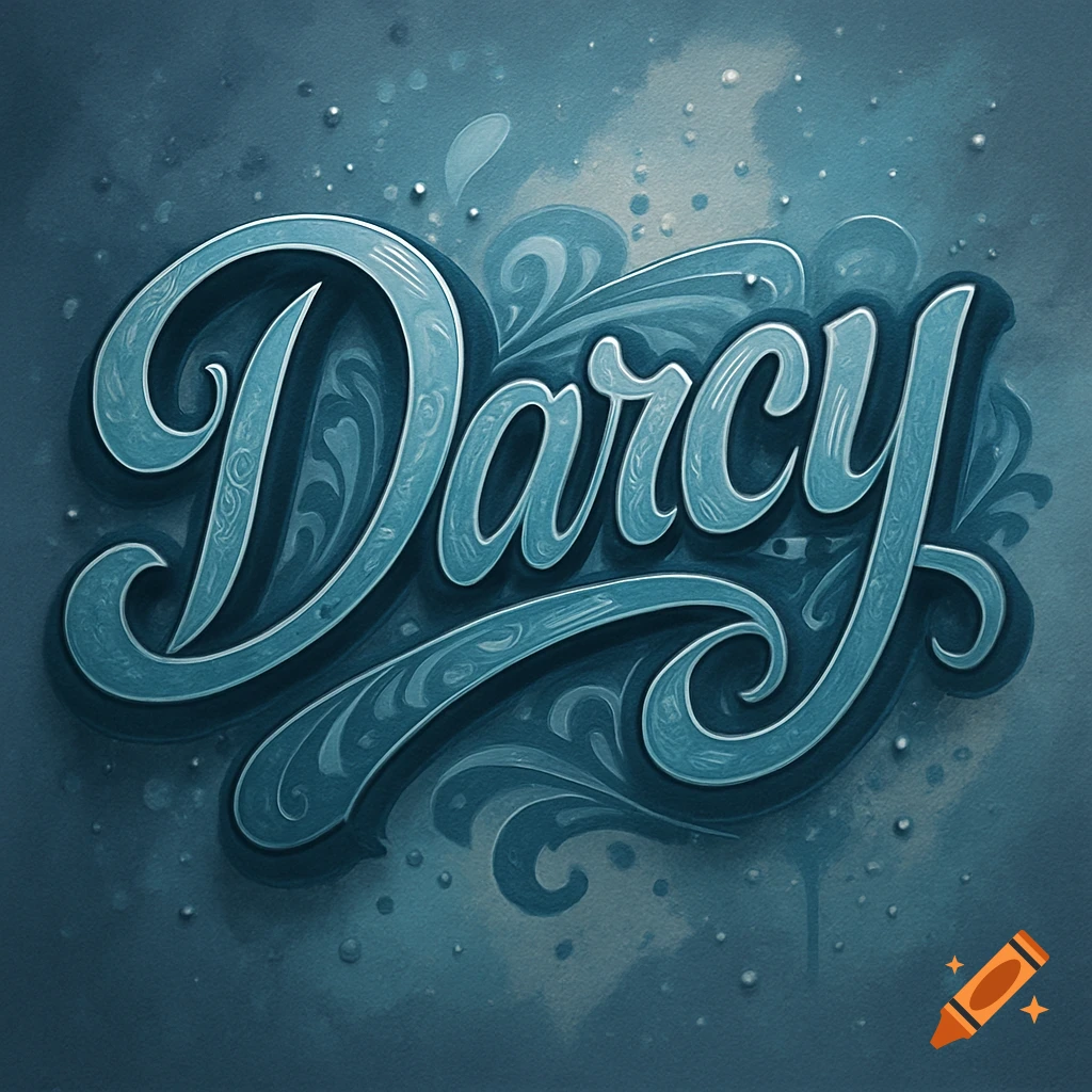 Stylized blue lettering of the name Darcy with decorative flourishes and a textured background in a cool art form.