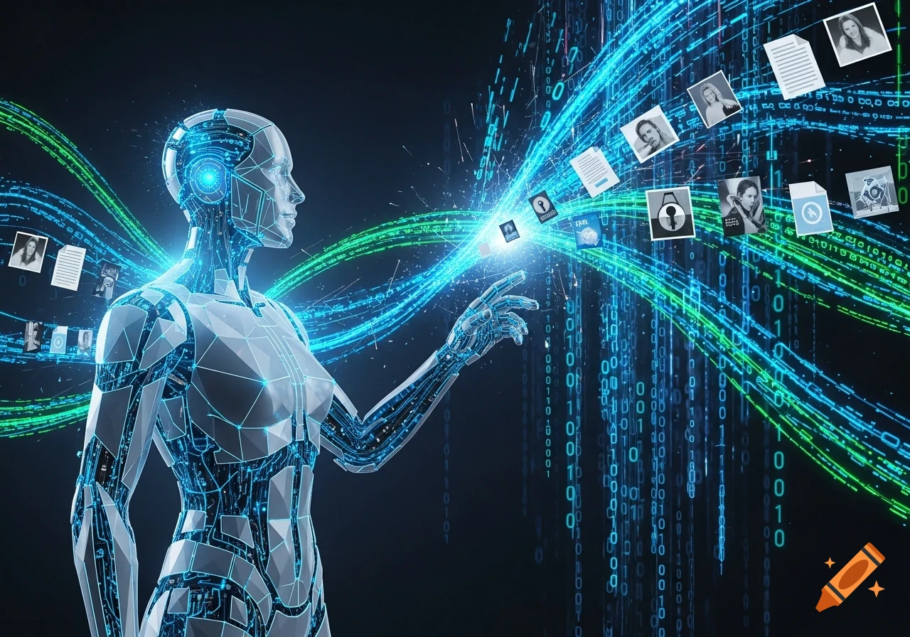A futuristic robot made of glowing circuits and geometric panels interacts with streams of digital data, documents, and profile pictures.