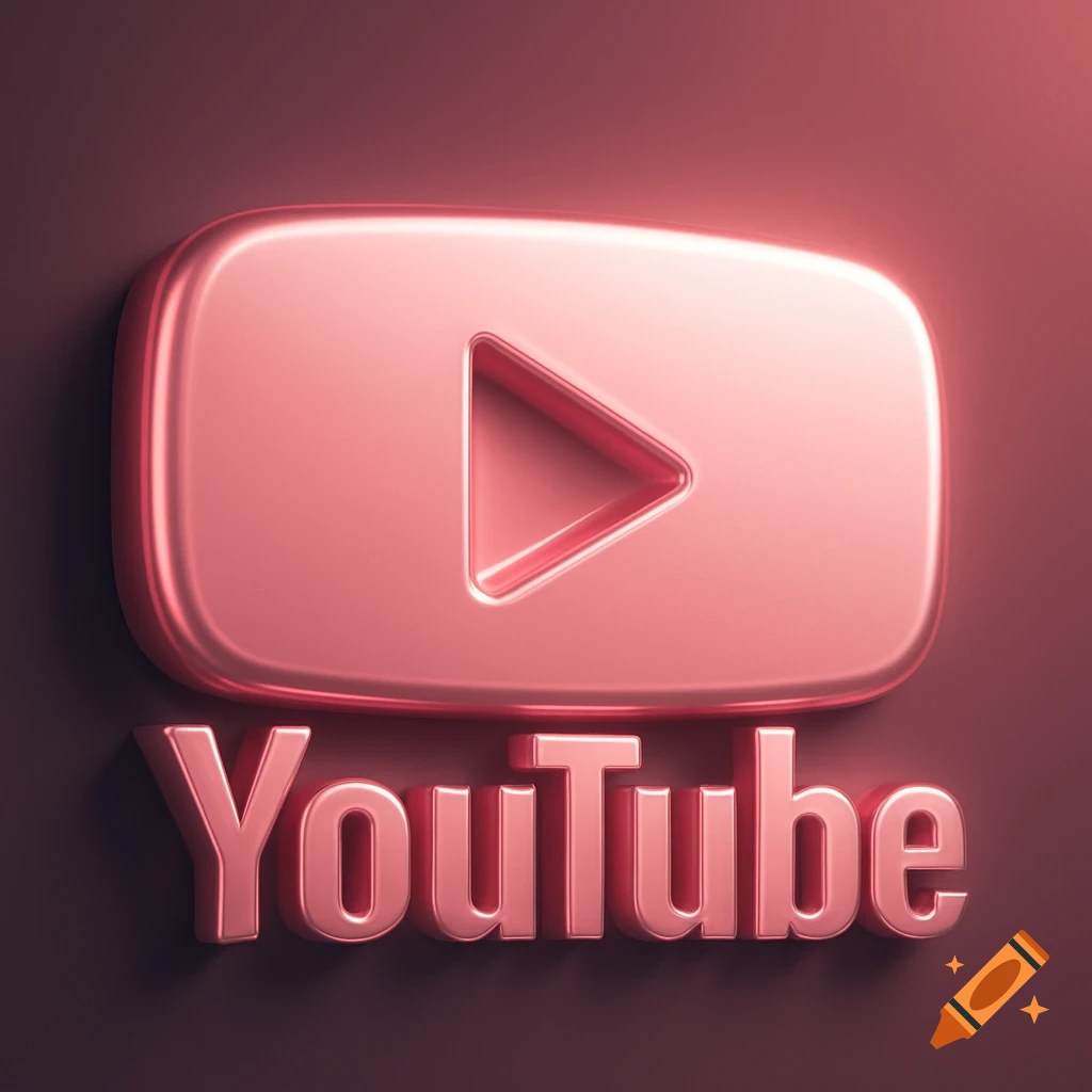 A 3D rendered pink metallic YouTube logo featuring the play button symbol and the word "YouTube" beneath it.
