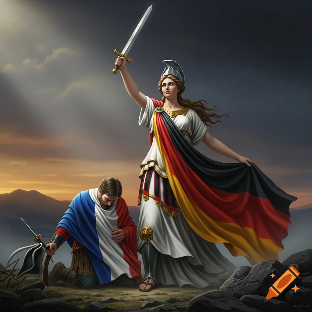 An epic painting of Germania (Germany) standing victoriously with a raised sword over a kneeling, submissive man representing France.