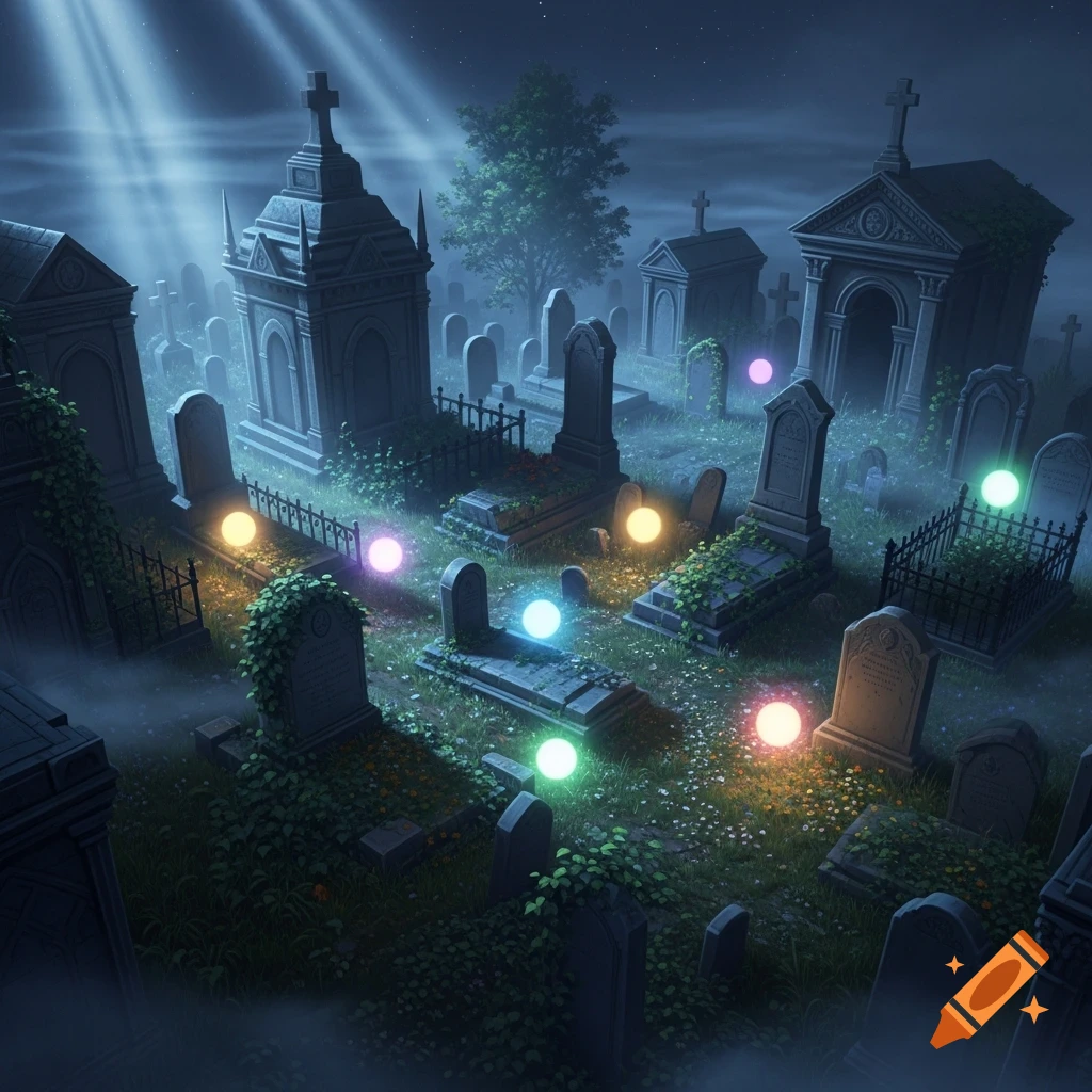 A spooky night scene of a misty graveyard with large tombstones, crypts, and several colorful glowing orbs scattered on the ground.