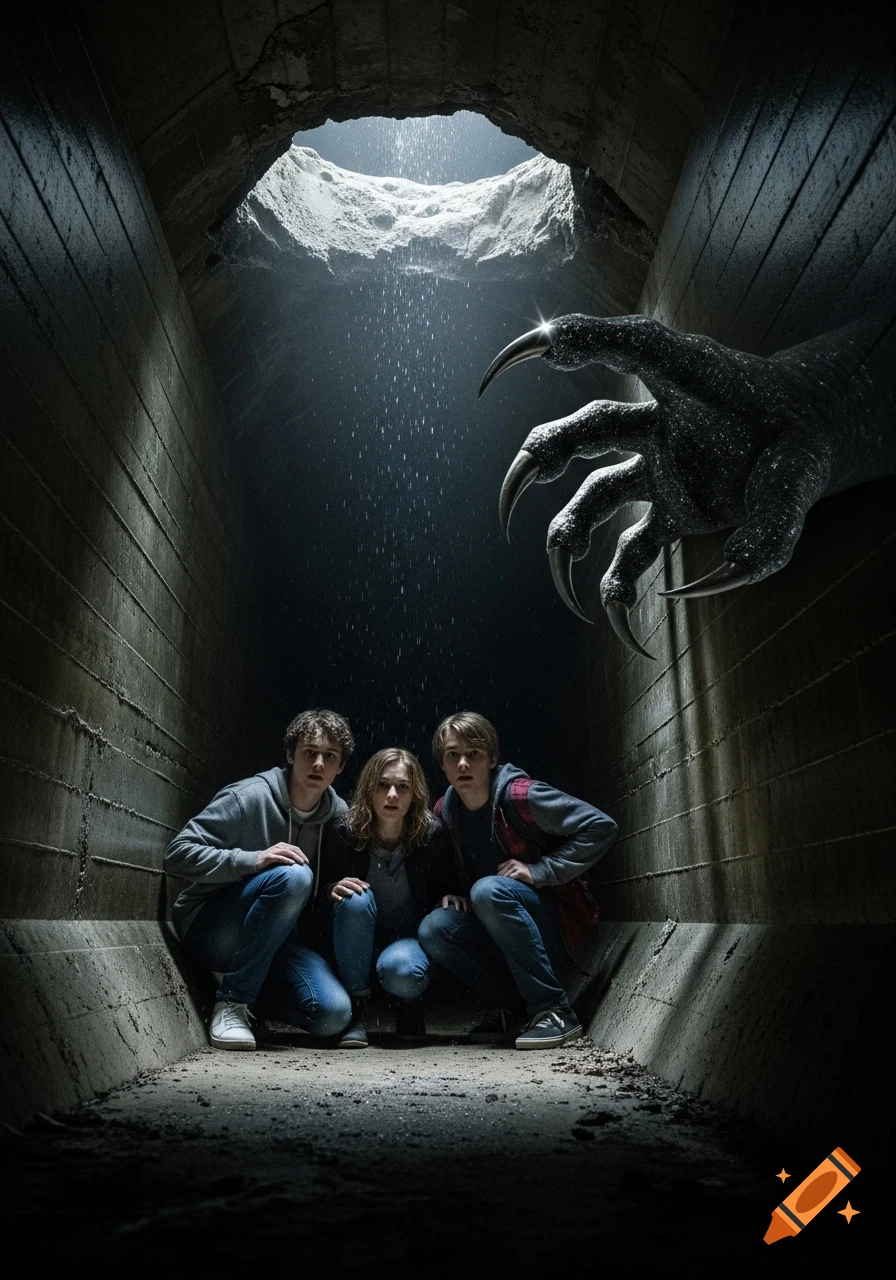 Three scared teenagers huddle in a dark, damp concrete tunnel as a huge, scaly claw reaches down from a hole above.