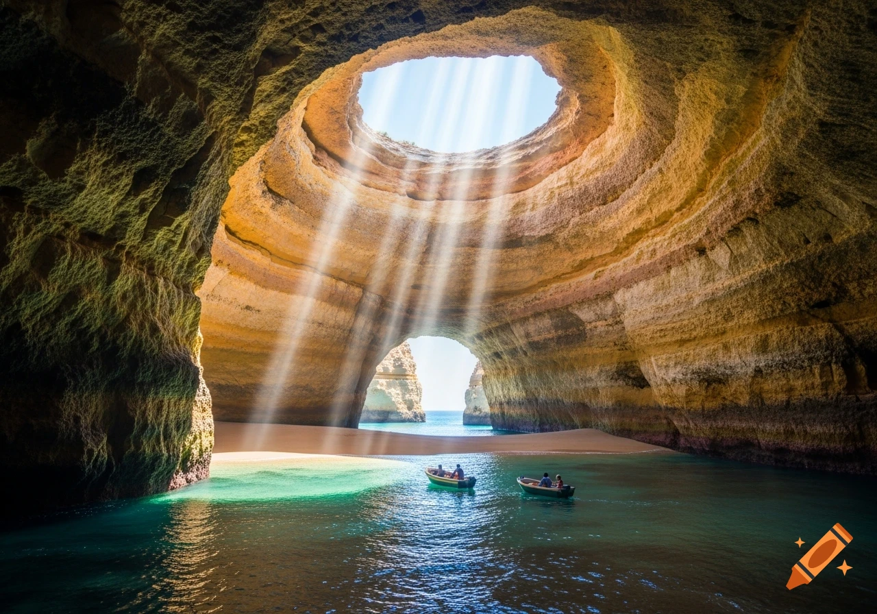 Photorealistic image of a large sea cave with sunlight streaming through a roof opening, illuminating two small boats on turquoise water and a sandy beach. An archway leads to the open ocean.