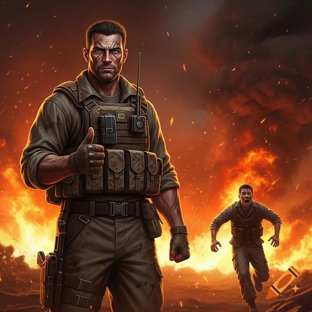 A soldier gives a thumbs up while another soldier runs screaming amidst explosions and fire, in a digital illustration style.