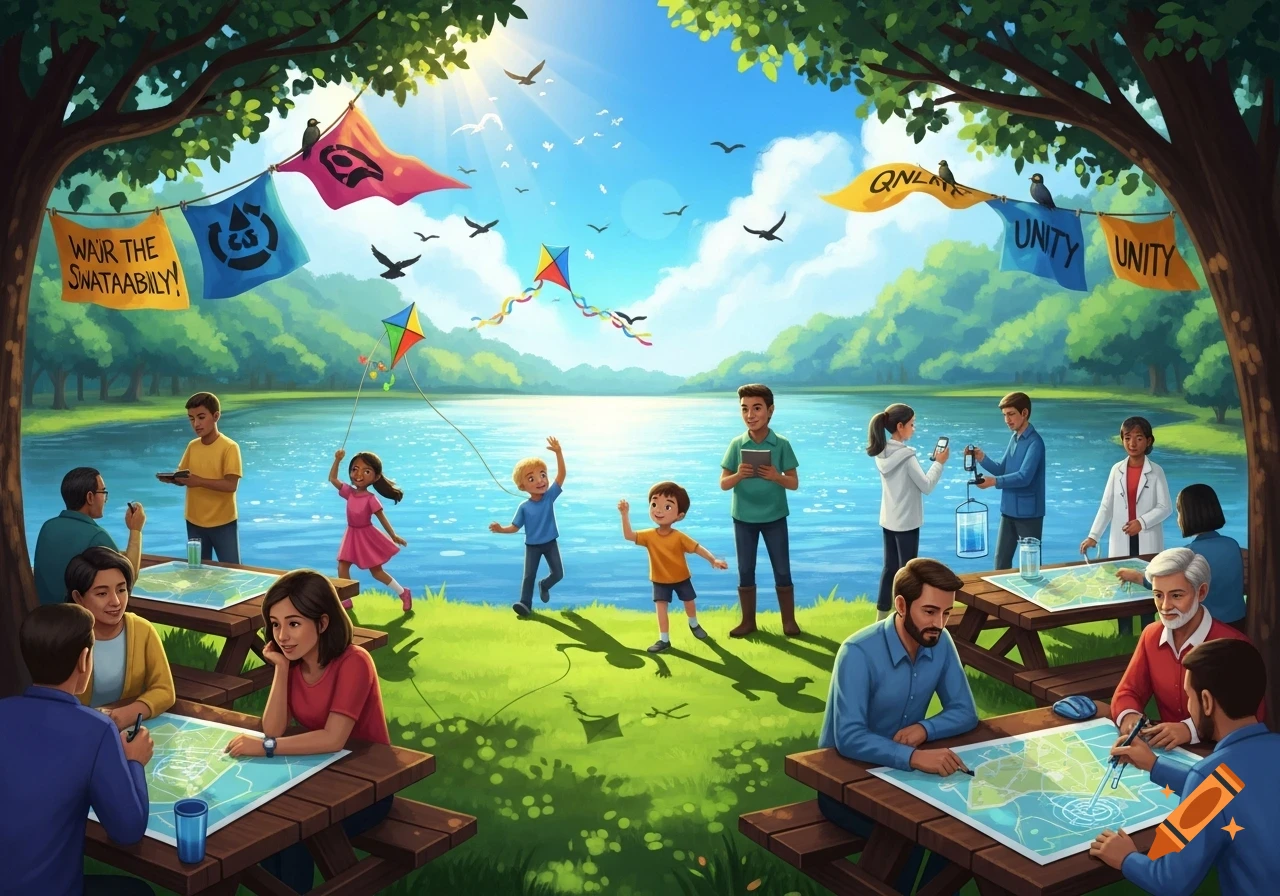 A vibrant illustration of diverse people by a lake, some flying kites, others at picnic tables studying maps, and some monitoring water, under sunny skies and green trees.