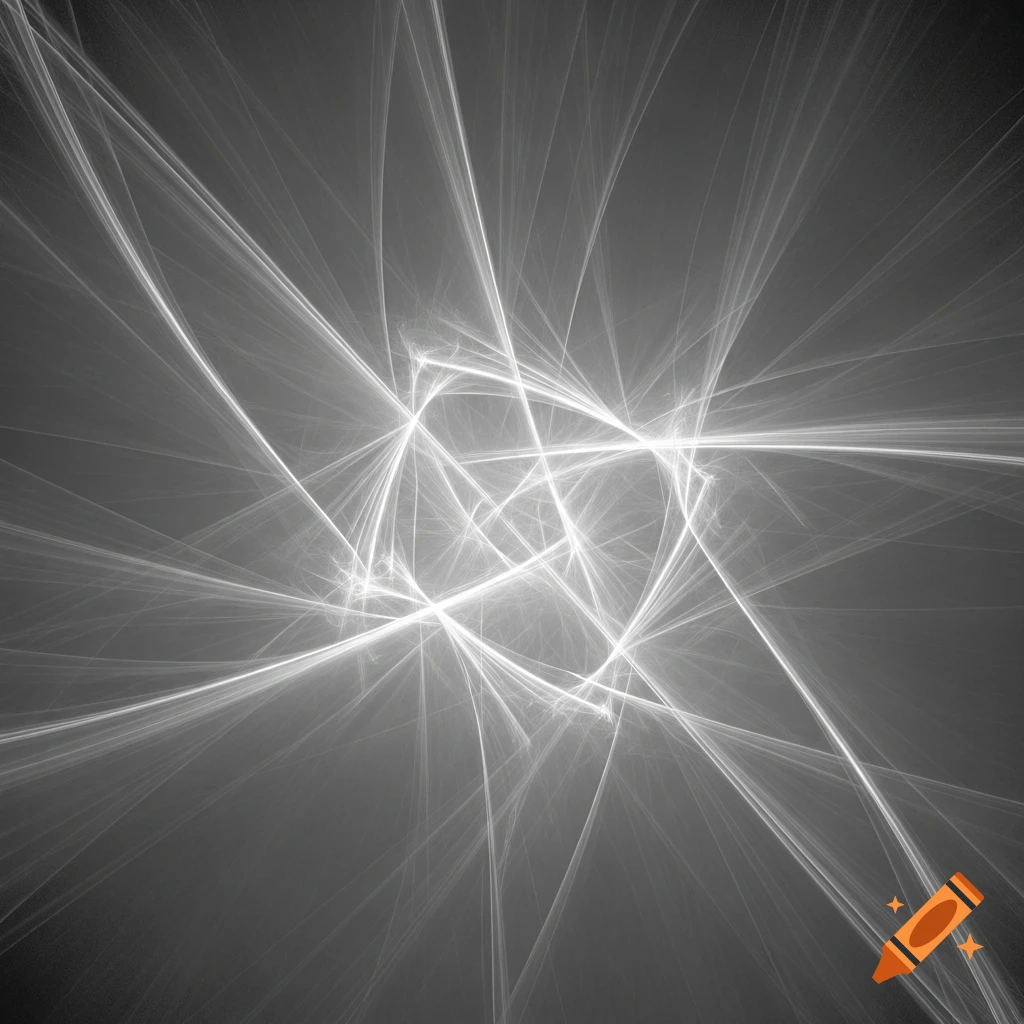 Abstract grayscale art with bright, intersecting light streams creating a dynamic, web-like pattern on a dark background.