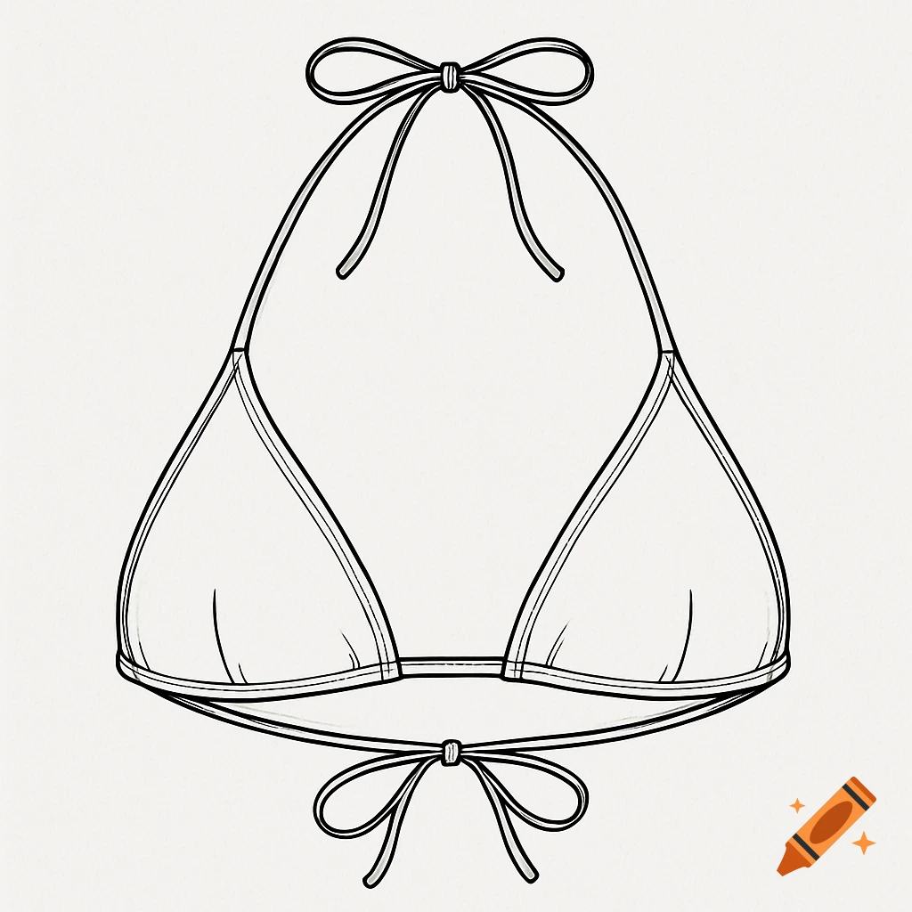Black and white line drawing of a triangle bikini top with thin trims, straps, and ties.
