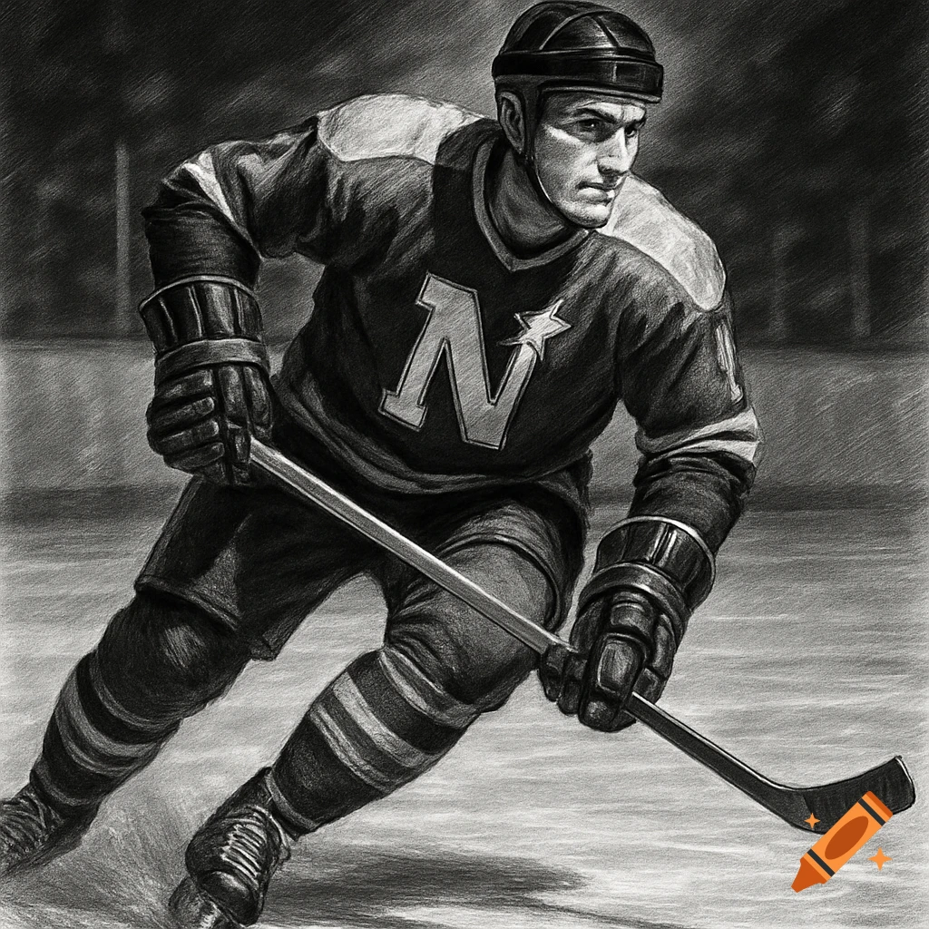 Black and white pencil drawing of a hockey player skating with a stick on the ice, wearing a jersey with the letter N.