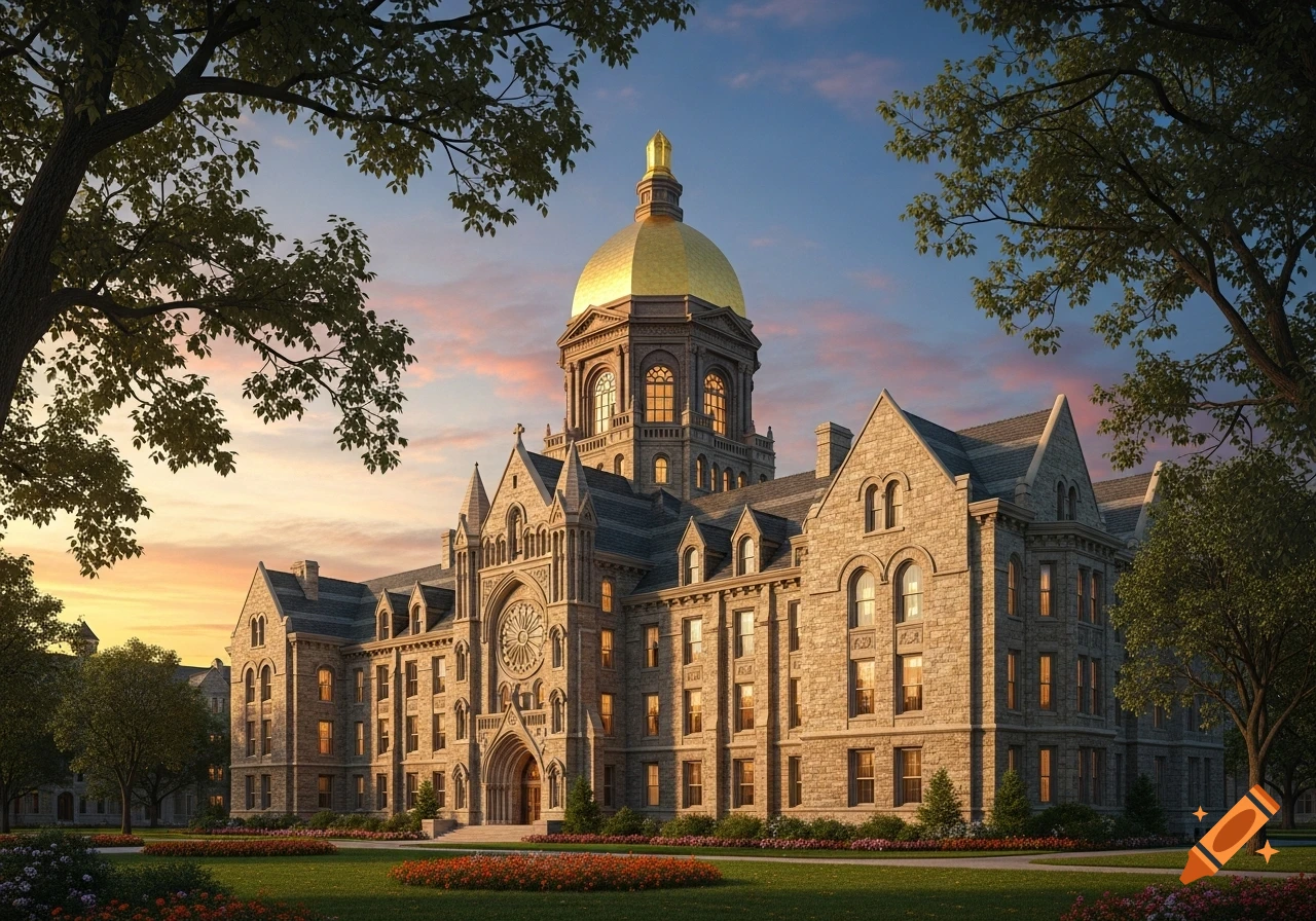 A grand, photorealistic stone building with a golden dome, classical architecture, surrounded by green lawns and trees at sunset.