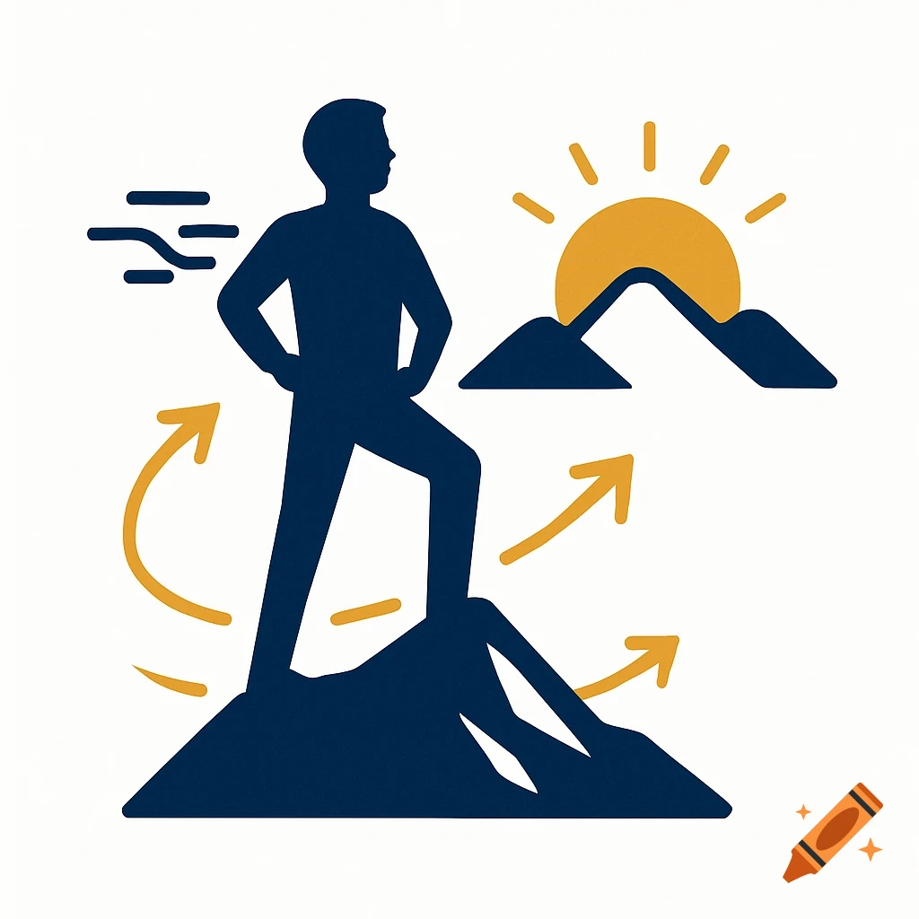 A minimalist icon of a person silhouetted on a mountain peak, with a sunrise and arrows.
