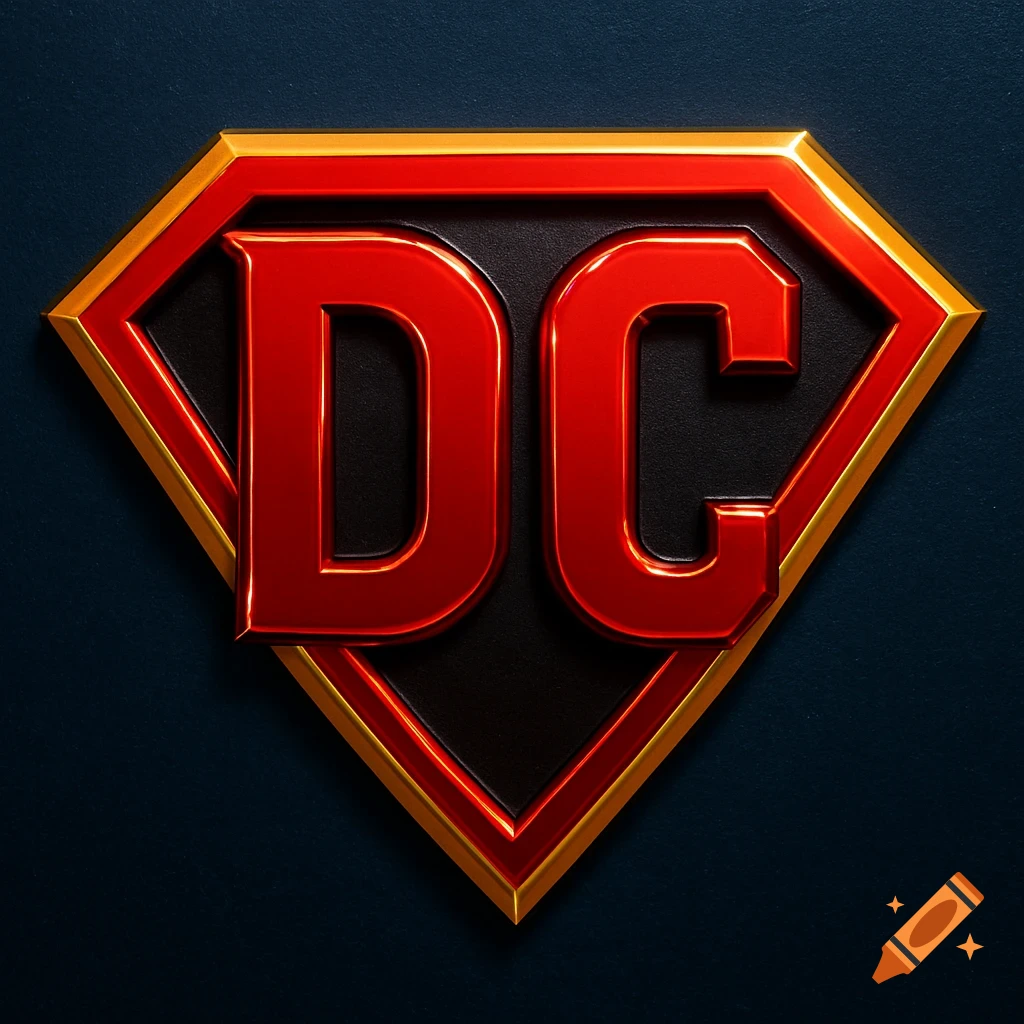 A red and yellow metallic DC logo in a shield shape, set against a dark blue background.