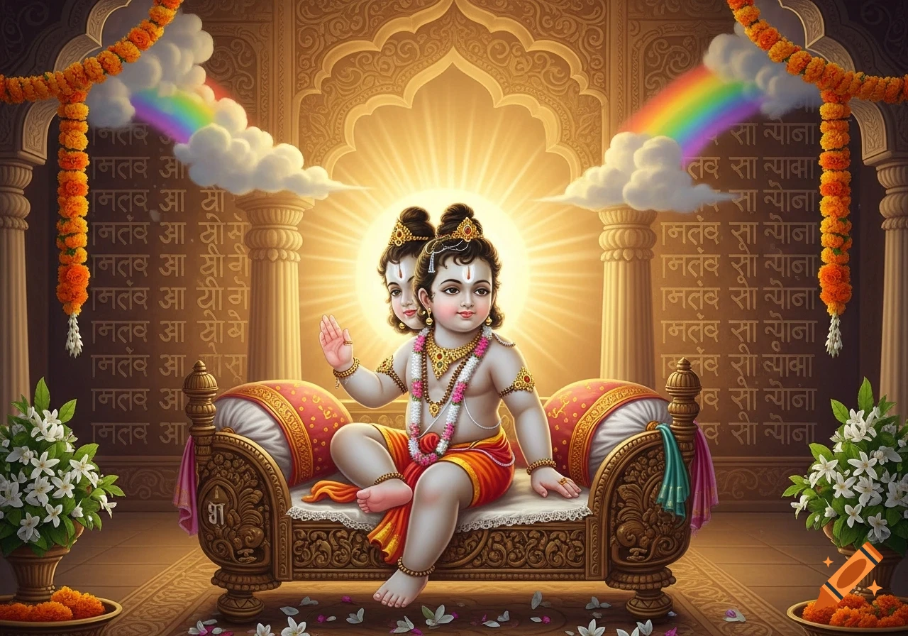 Child Lord Dattatreya with three heads seated on an ornate golden cradle, surrounded by flowers and garlands in a vibrant temple setting.