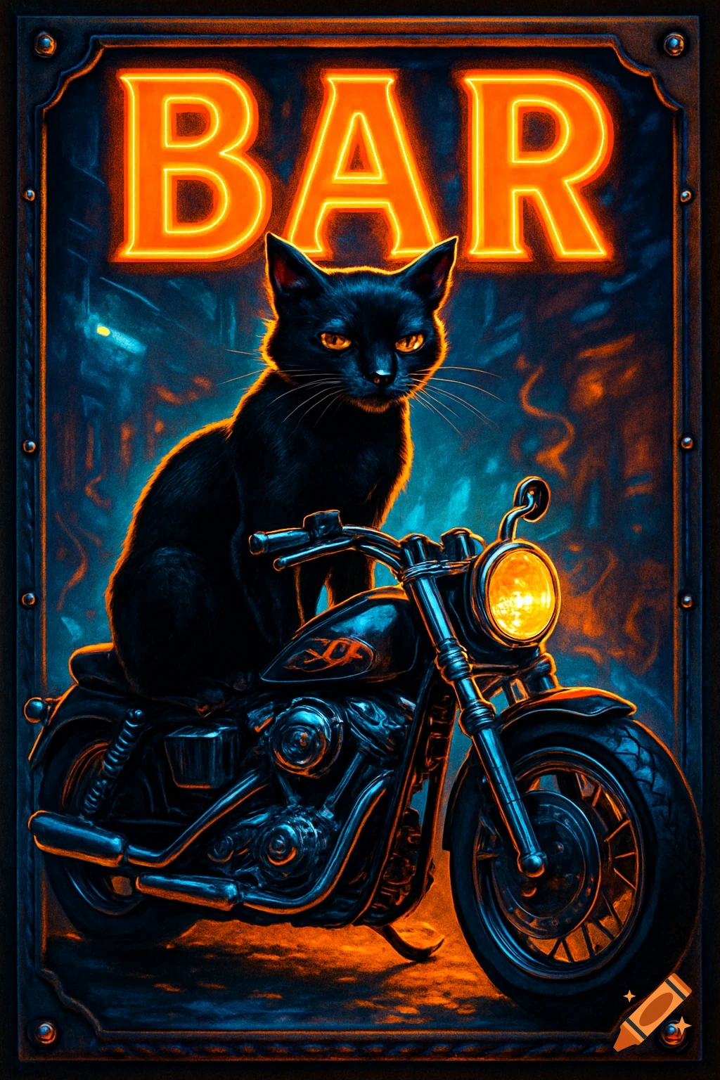 A black cat with glowing orange eyes sits on a custom motorcycle under a neon 'BAR' sign, in a dark, atmospheric setting.