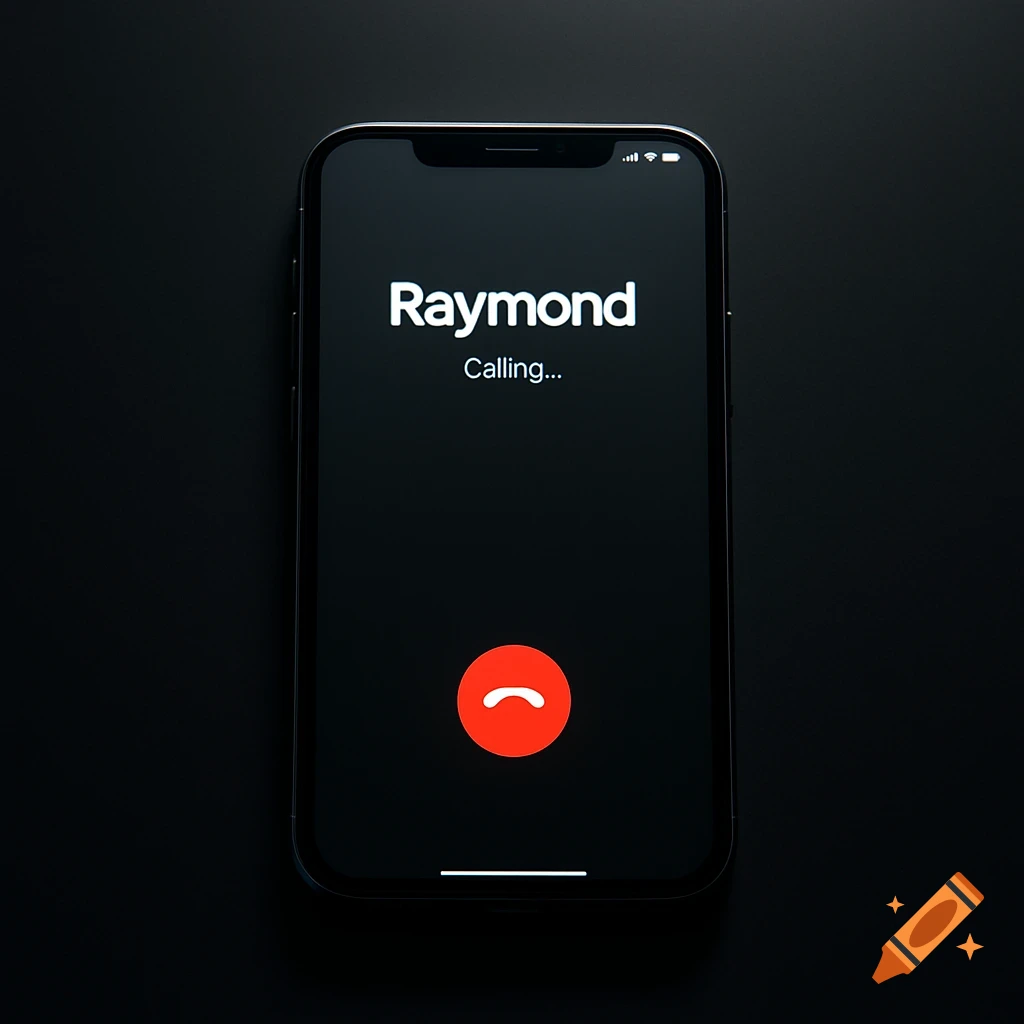 A close-up of a smartphone screen displaying an incoming call from 'Raymond' with a red hang-up button, against a dark background.