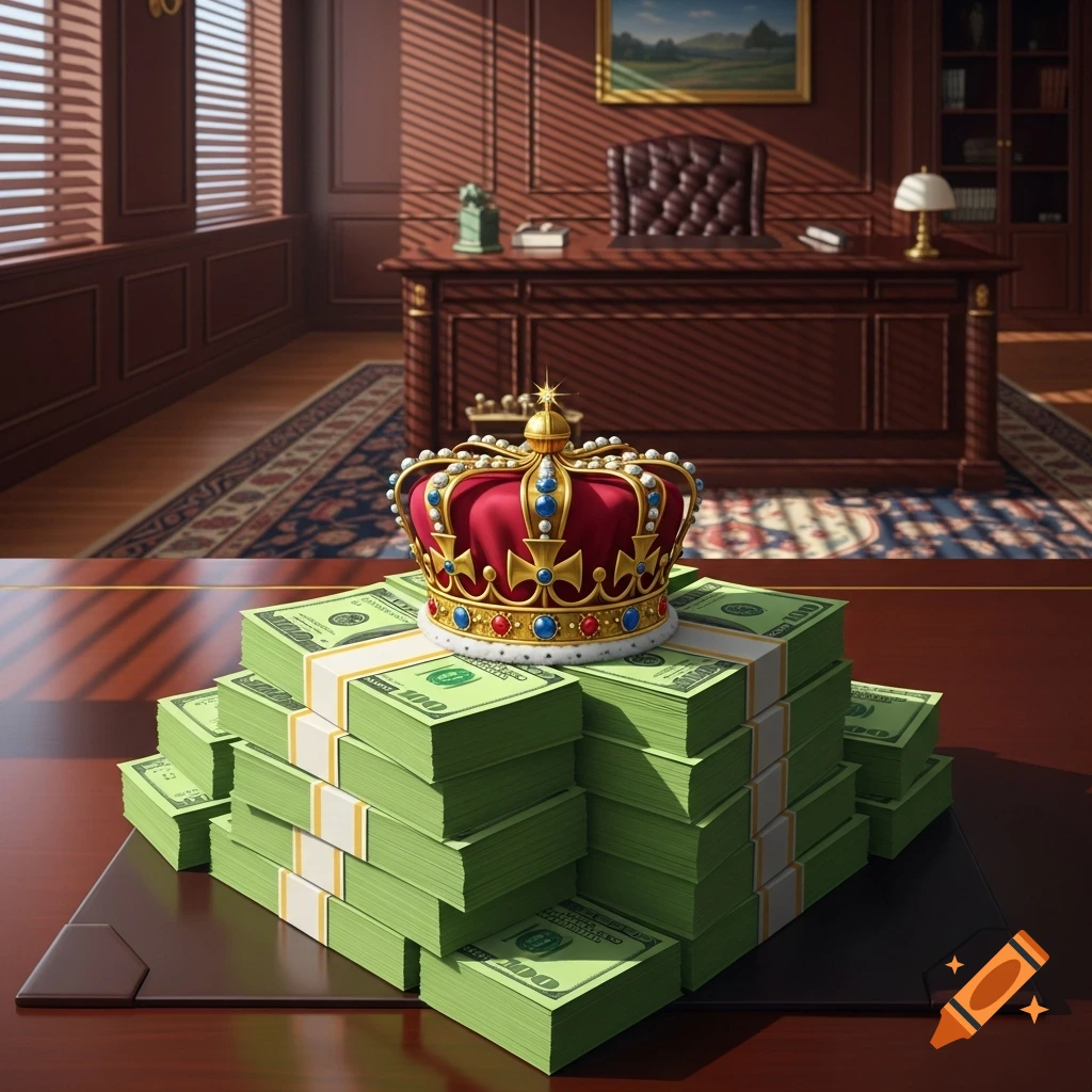 A red and gold crown sits atop a large pile of bundled hundred-dollar bills on a desk in a luxurious office.