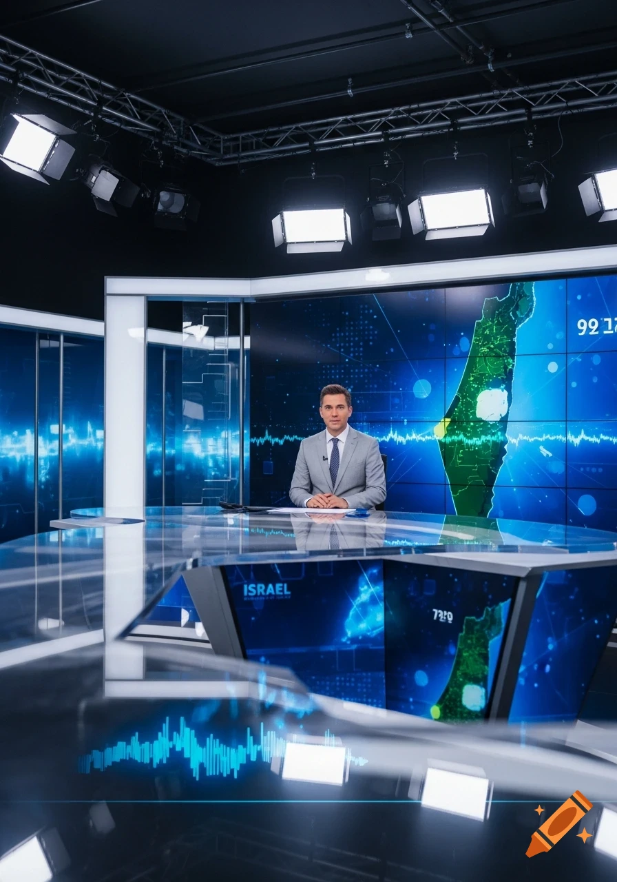A male news anchor in a suit sits at a desk in a modern TV studio, with a map of Israel and data displayed on screens.