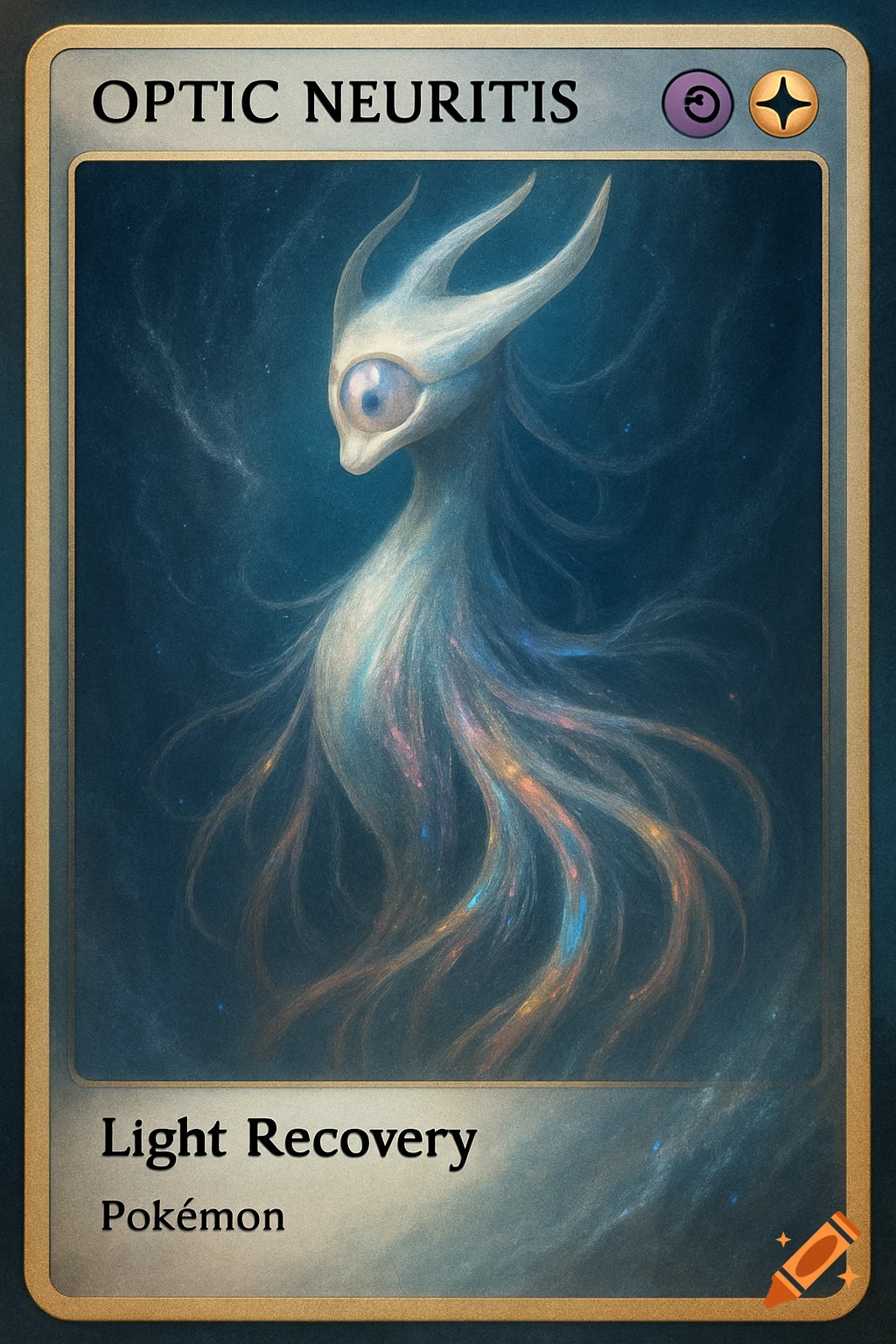 A Pokémon-style trading card named Optic Neuritis, featuring a light blue, ethereal creature with a single large eye and flowing, glowing tendrils.