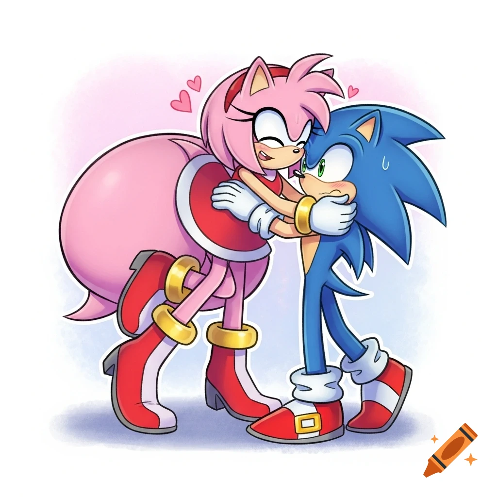 Large Amy Rose happily hugs an uncomfortable Sonic the Hedgehog in a colorful anime style.
