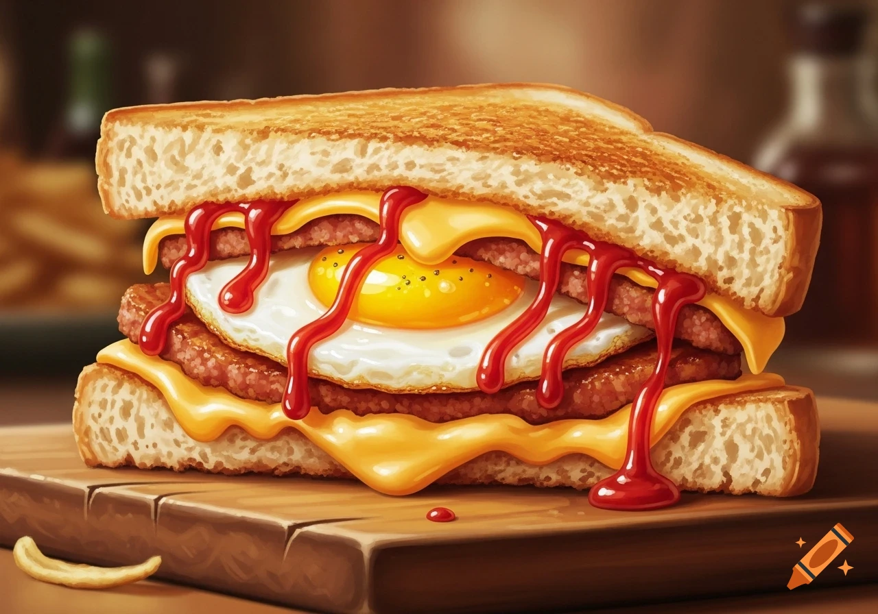 A hot sandwich on white toast with fried eggs, melted cheese, sausage, and ketchup dripping, on a wooden board.