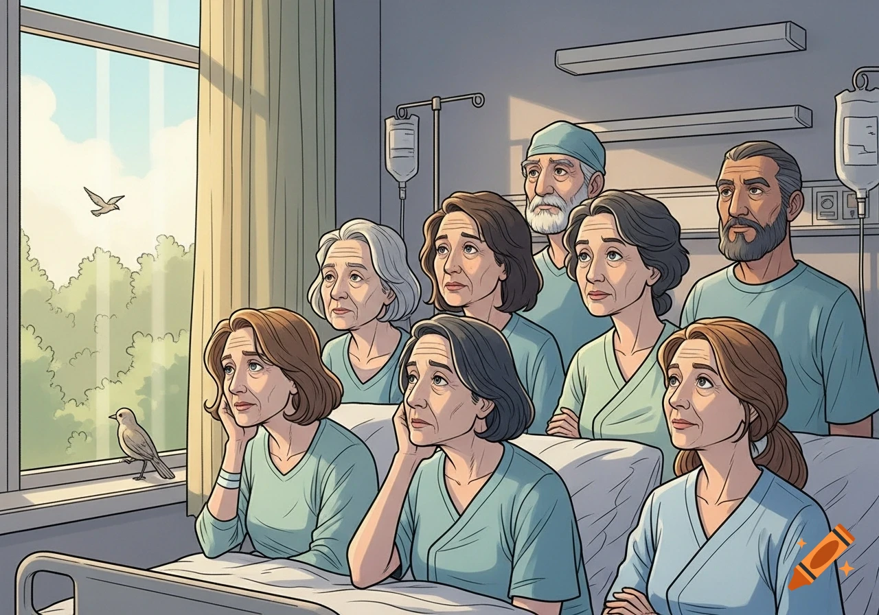 A group of somber patients in a hospital room looking out a window at a bird, in a cartoon style.