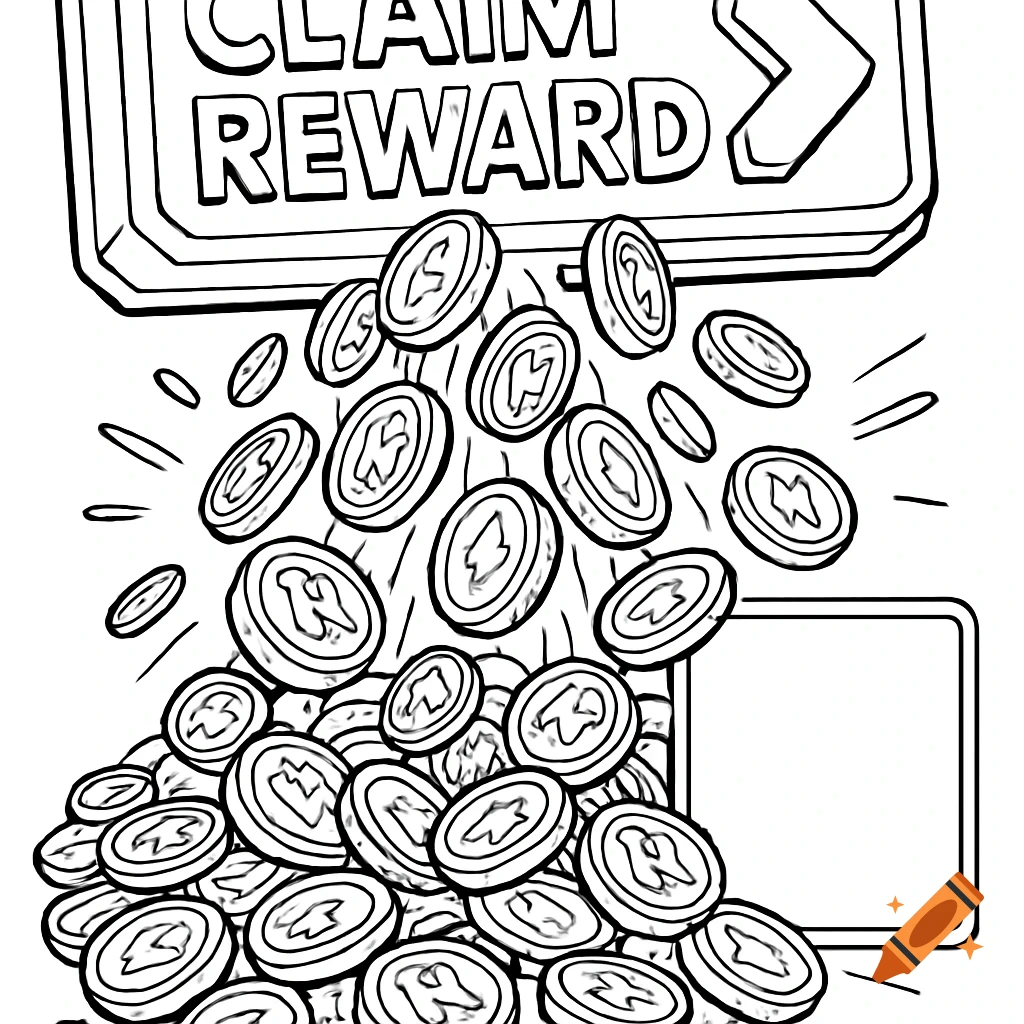 Black-and-white coloring page of a 'CLAIM REWARD' button with coins spilling out, next to a blank text box.