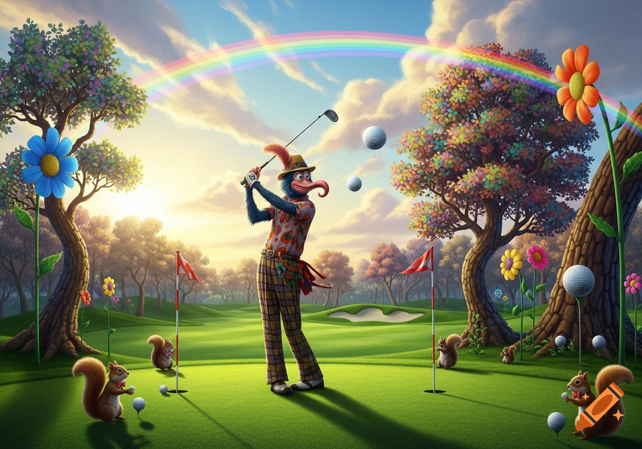 A whimsical, cartoonish character resembling Gonzo from the Muppets, dressed in colorful attire, swings a golf club on a vibrant golf course with squirrels, large flowers, and a rainbow in the sky.