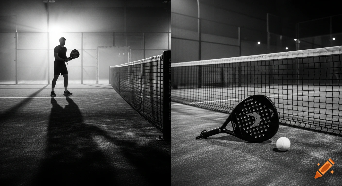 A black and white diptych featuring a padel player in silhouette on a court with smoky backlighting and a close-up of a padel racket and ball.