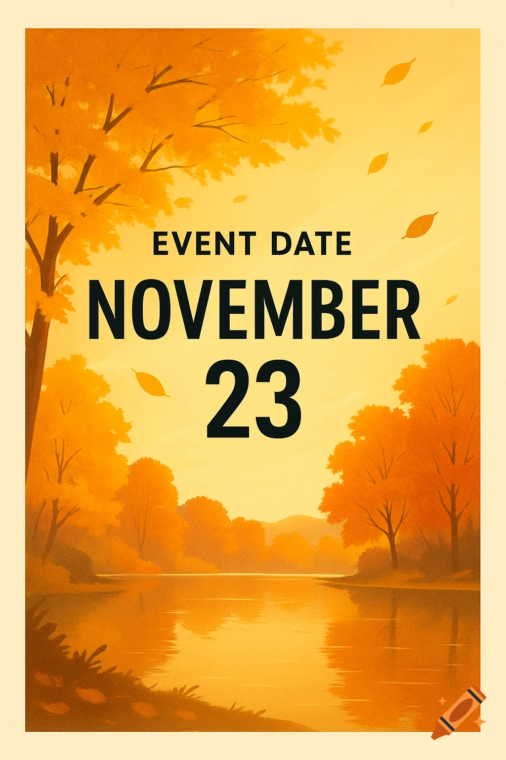 A vibrant autumn-themed event poster with golden trees, falling leaves, a tranquil river, and the text "EVENT DATE NOVEMBER 23".