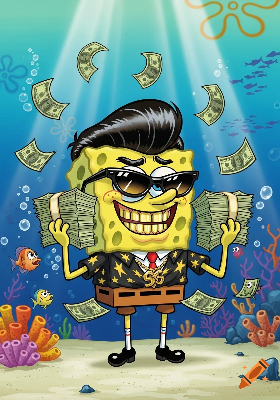 Cartoon SpongeBob with a greased-back hairstyle, sunglasses, and gold teeth, holding money stacks underwater with bills floating around.