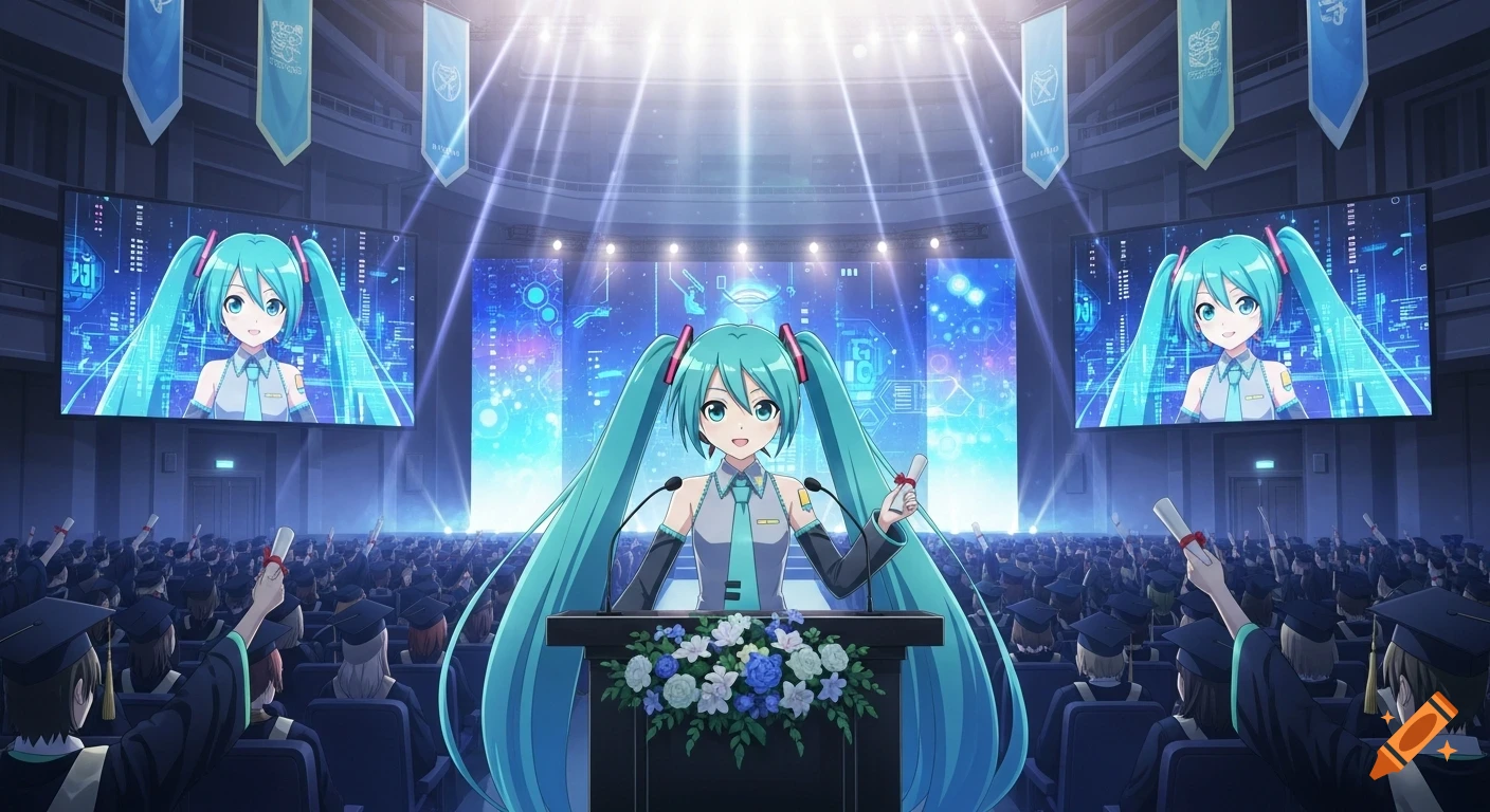 Hatsune Miku, an anime character with long turquoise pigtails, speaks at a podium during a graduation ceremony to a large audience.