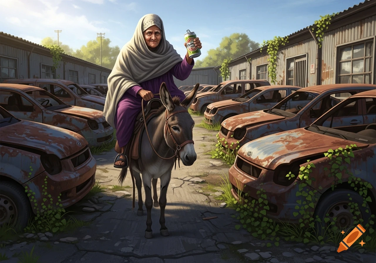 An old woman in a head covering rides a donkey through a junkyard of rusty cars, holding up a can in a painterly style.