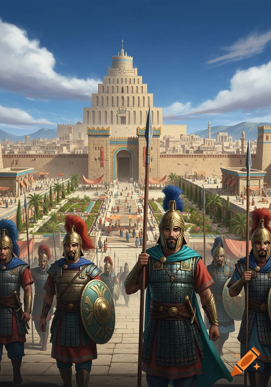 Persian soldiers stand before the ancient city of Babylon with its towering ziggurat under a blue sky.