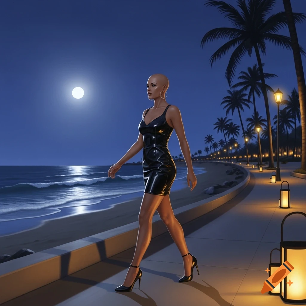 A bald woman in a black latex minidress and high heels walks along a moonlit beach promenade lined with palm trees and lanterns at night.