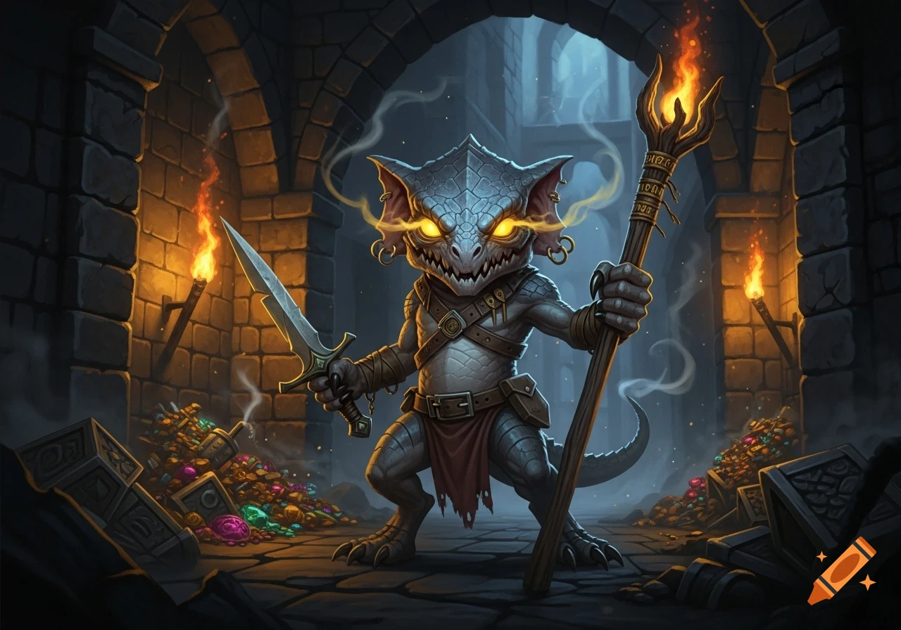 A grey-scaled, reptilian kobold with glowing yellow eyes, holding a sword and a fiery staff, stands in a torch-lit dungeon surrounded by treasure.