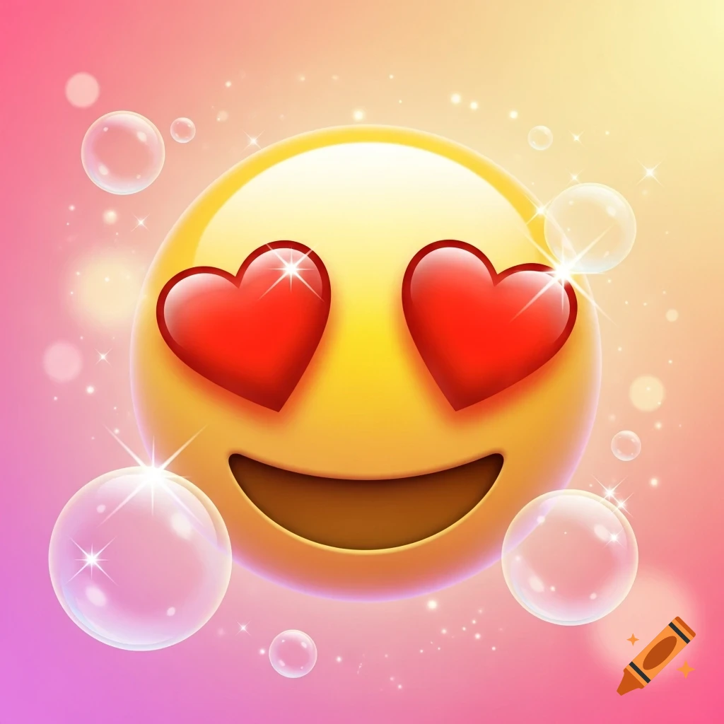 A yellow emoji with red heart-shaped eyes and a wide smile, surrounded by sparkling bubbles on a pink and yellow gradient background.