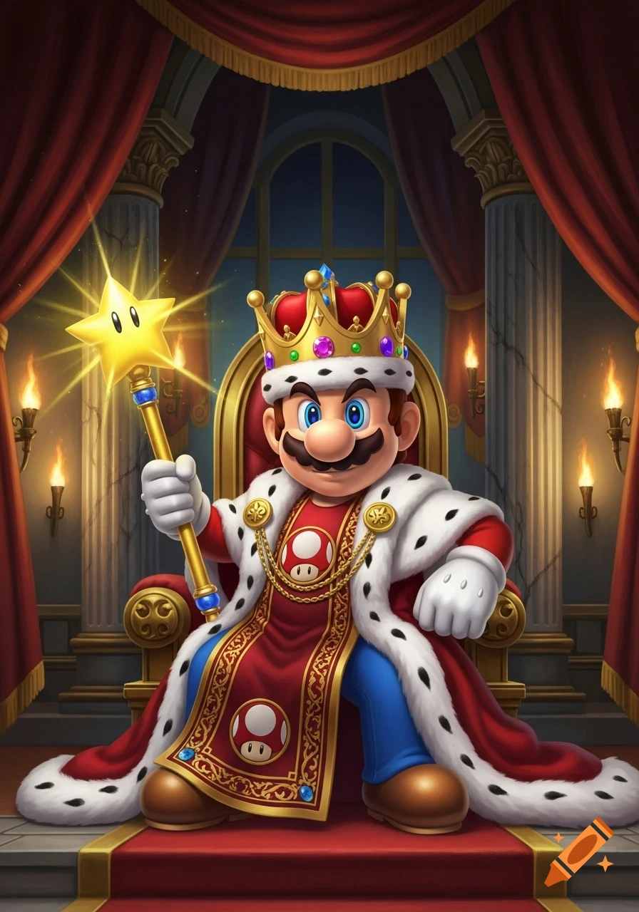 Mario as a king, sitting on a lavish throne in a royal chamber, holding a glowing star scepter.