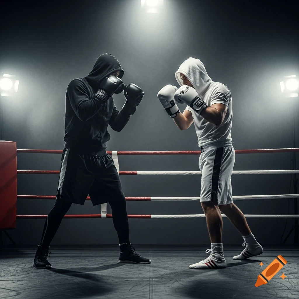 Two boxers in hoodies and gloves face off in a spotlighted ring, one in black and one in white.
