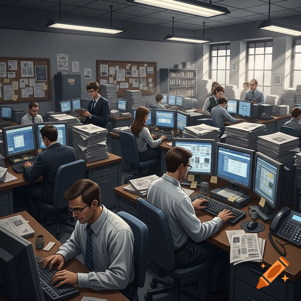 An overhead view of a busy office, with numerous workers at desks, typing on computers, surrounded by stacks of paper in a realistic style.