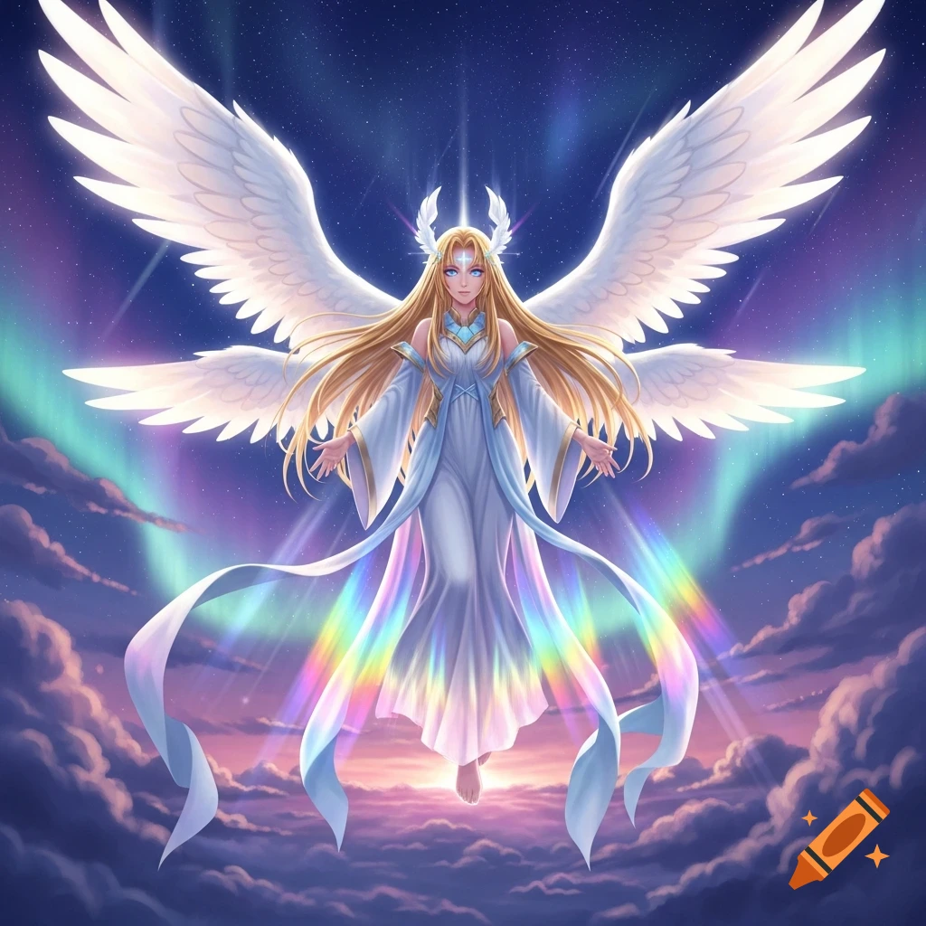 An anime-style female angel with long golden hair and large white wings floats among clouds, illuminated by rainbow light and aurora against a starry night sky.