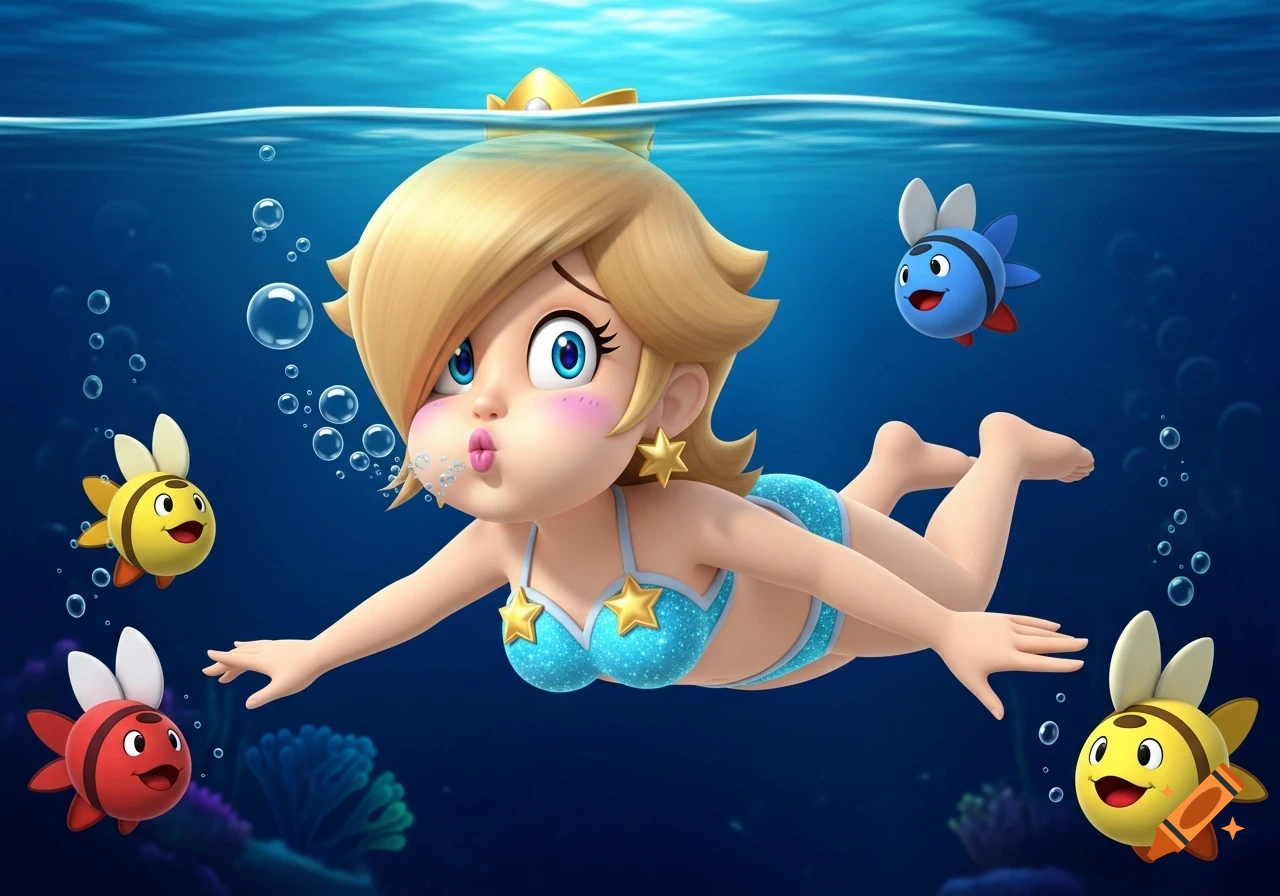 Cartoon illustration of Rosalina from Super Mario swimming underwater in a blue bikini, cheeks puffed, with Cheep Cheeps nearby.