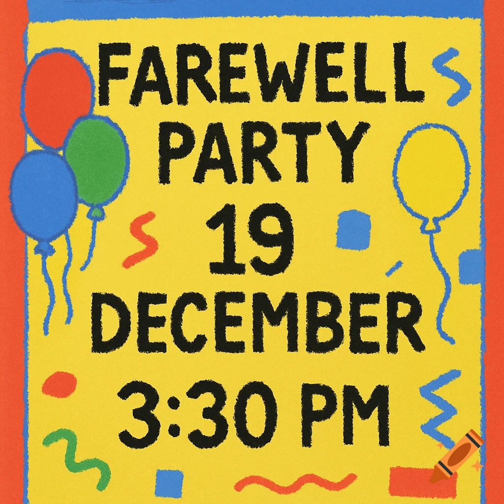 Colorful illustration of a Farewell Party invitation card with balloons and confetti, announcing December 19th at 3:30 PM.
