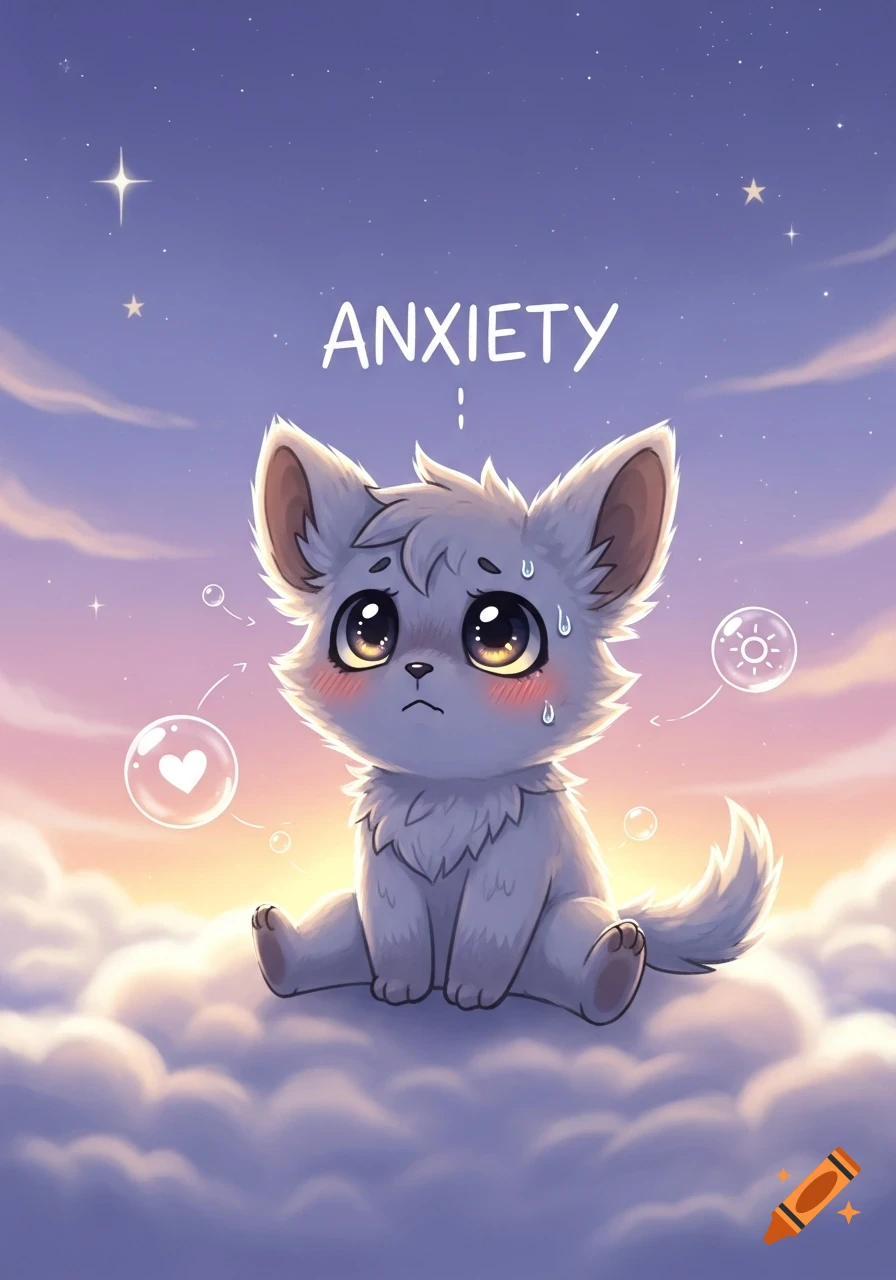 Cute sad grey fox-like creature on purple clouds under a starry sky, with the word ANXIETY above it in a whimsical style.
