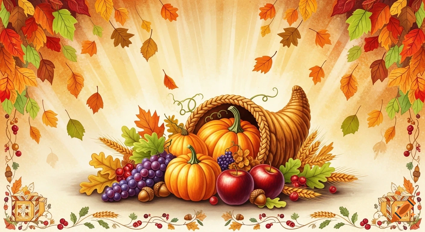 A vibrant illustration of a Thanksgiving cornucopia overflowing with pumpkins, grapes, and apples, surrounded by colorful autumn leaves.
