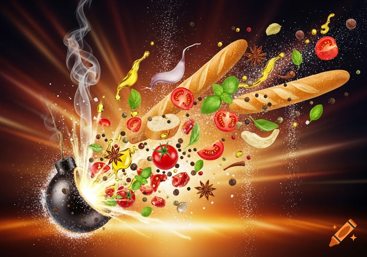 A stylized bomb explodes, scattering baguettes, tomatoes, basil leaves, spices, and olive oil against a vibrant, light-streaked background.